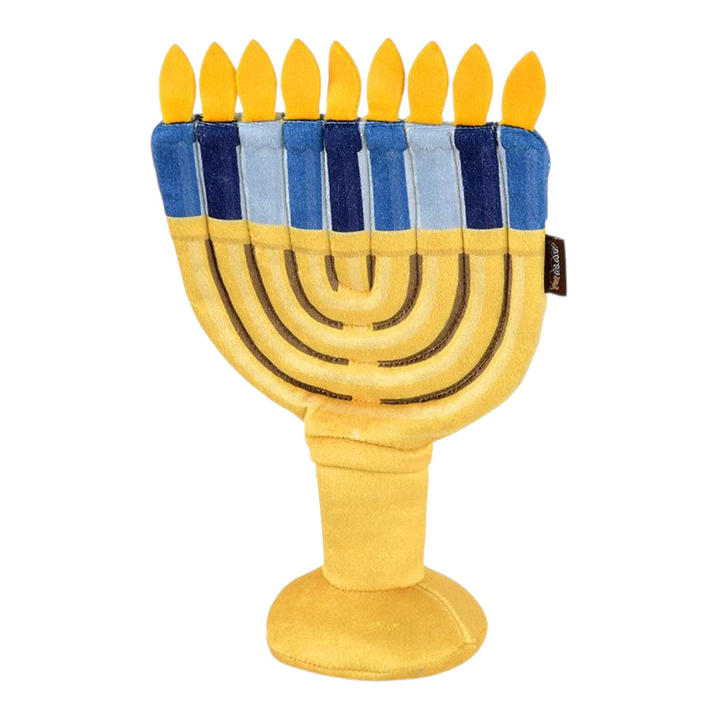 Plush dog toy resembling a Menorah with blue and yellow candles on a white background