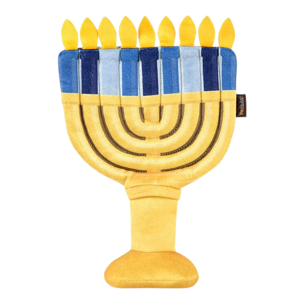 Plush dog toy resembling a Menorah with blue and yellow candles on a white background