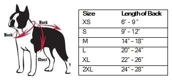 Dog harness size chart with measurements