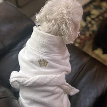 Load image into Gallery viewer, Pup wears White Gold Crown Cotton Dog Bathrobe by Doggie Design
