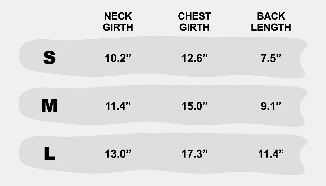 Size chart for neck, chest, and back lengths with measurements in inches.