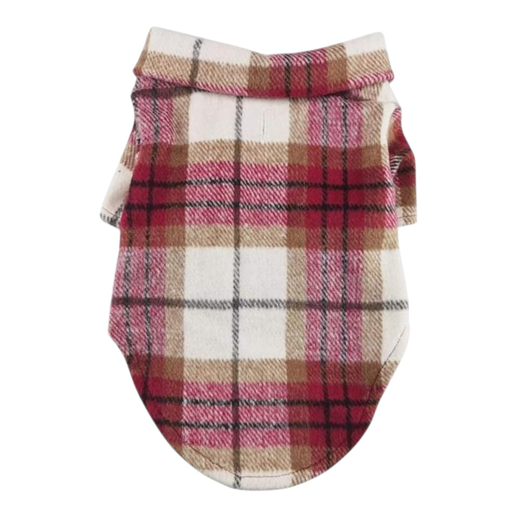 Red and white plaid flannel dog shirt on a white background