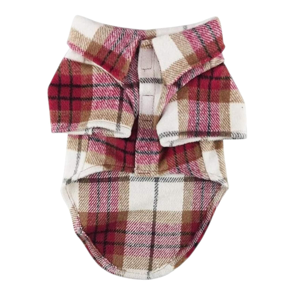 Plaid red and white patterned dog coat on a white background