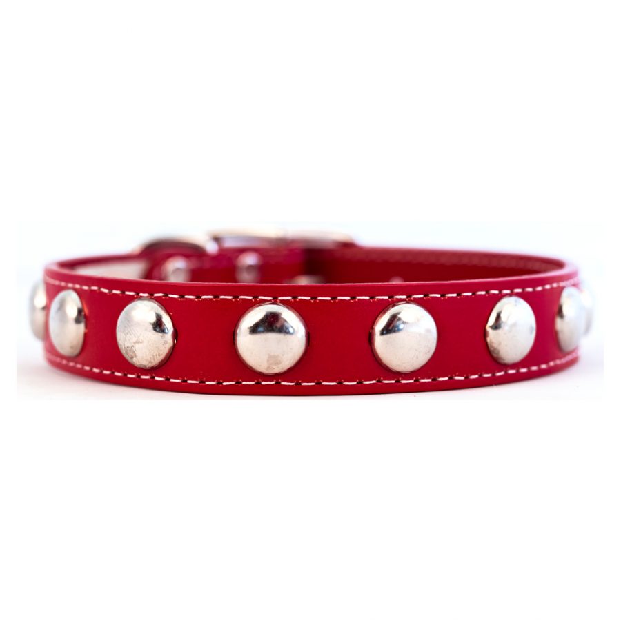 Silver Studded Leather Dog Collar - Red