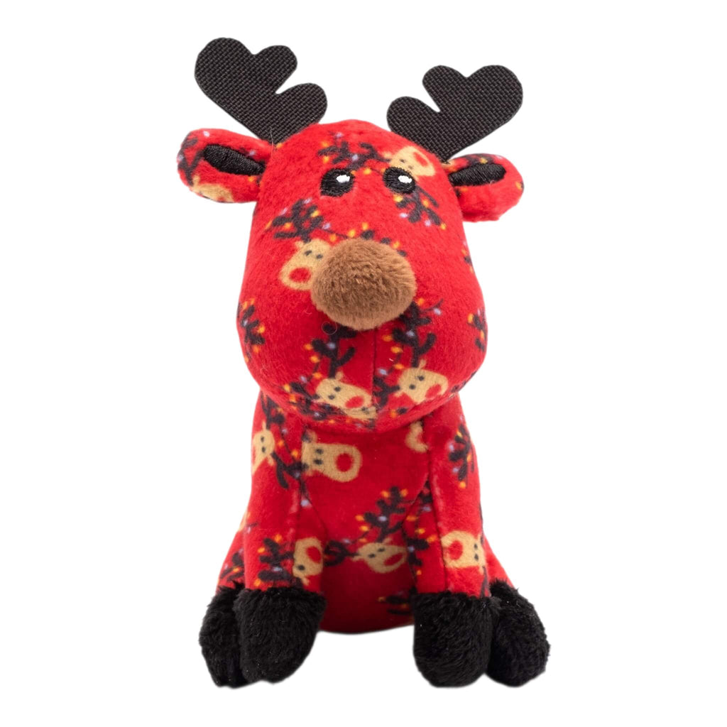 Red plush reindeer cat toy with black antlers on a white background