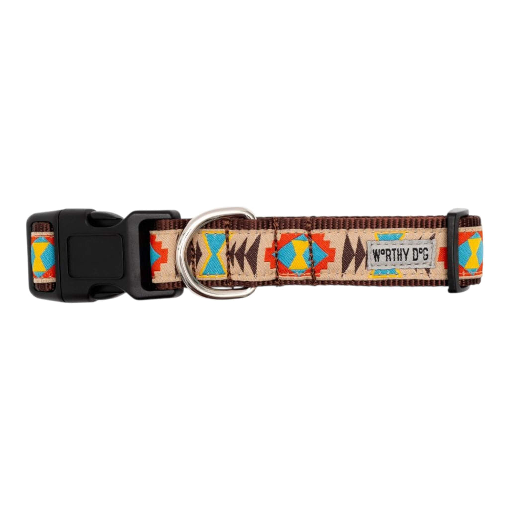 Dog collar with colorful pattern and 'Worthy Dog' branding on a white background