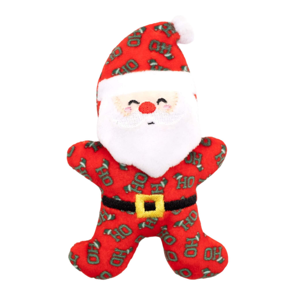 Red Santa Claus plush cat toy with 'HO HO HO' pattern on a white background