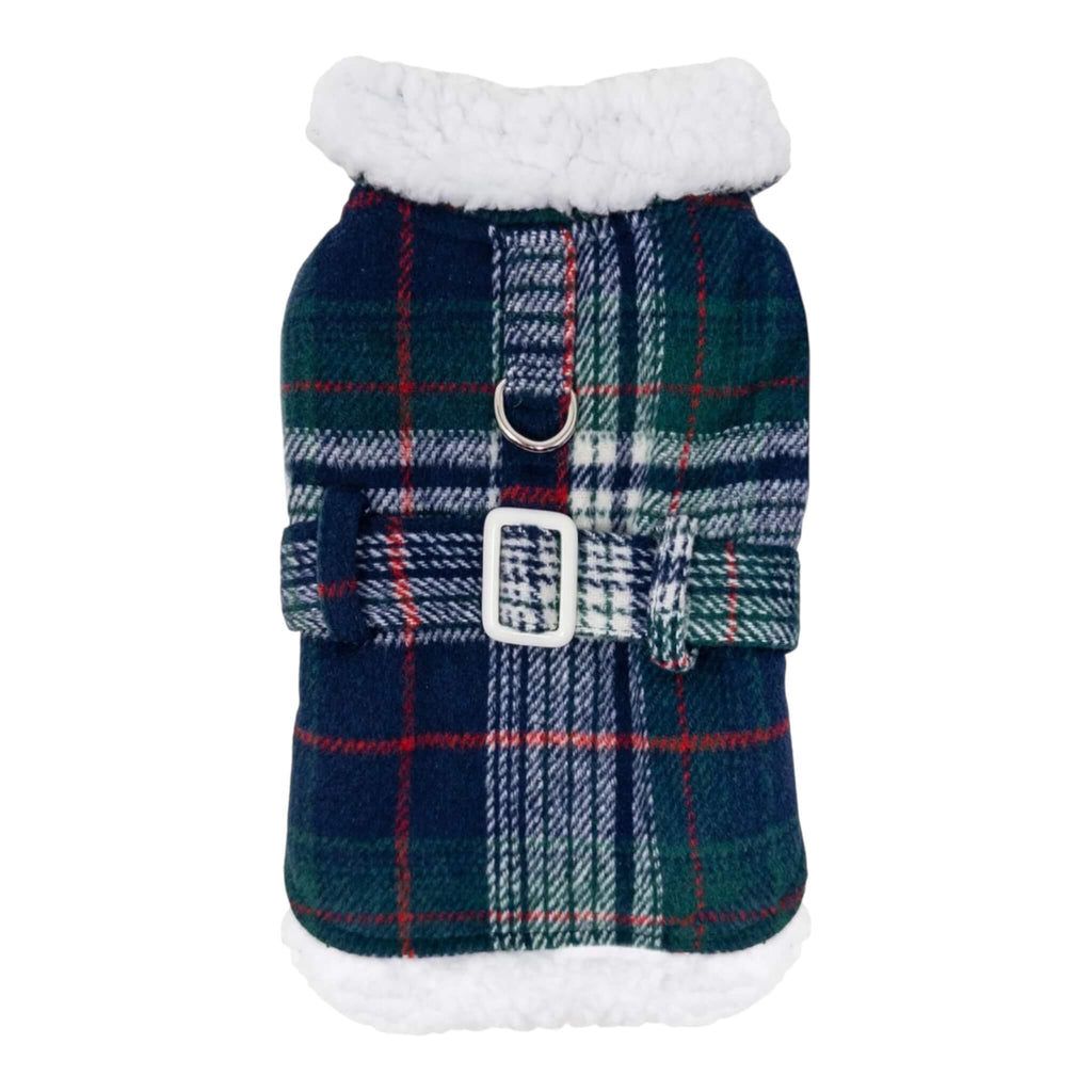 Plaid dog coat with white fur collar on a white background