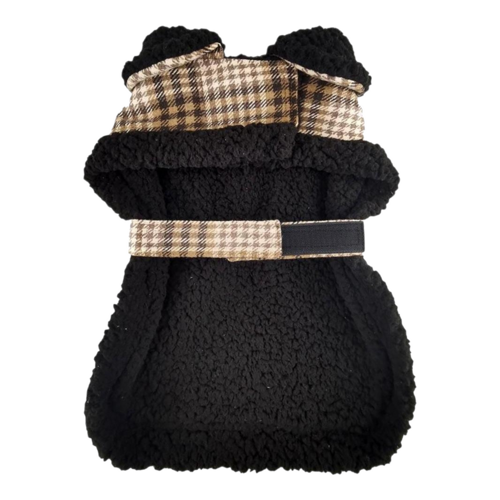 Sherpa-lined Dog Harness Coat in Brown and White Plaid - inside view