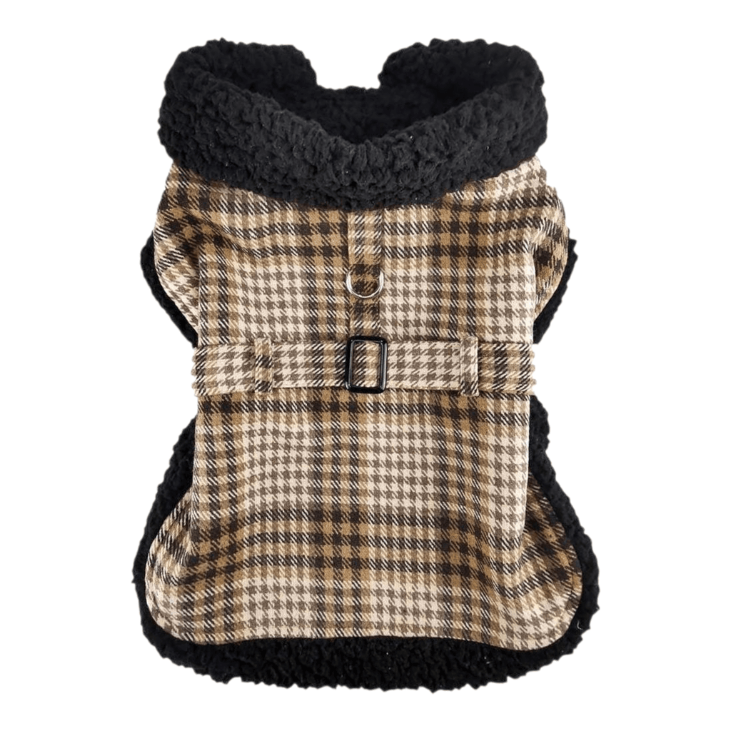 Sherpa-lined Dog Harness Coat in Brown and White Plaid