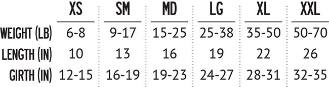 Size chart for clothing with weight, length, and girth measurements.