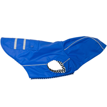 Load image into Gallery viewer, Slicker Dog Raincoat with Striped Lining in Cobalt Blue - Side View
