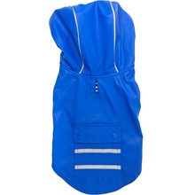Load image into Gallery viewer, Slicker Dog Raincoat with Striped Lining in Cobalt Blue features a convenient pocket
