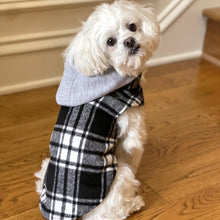 Load image into Gallery viewer, Small breed dog models Weekender Dog Sweatshirt Hoodie in Black and White Plaid Flannel
