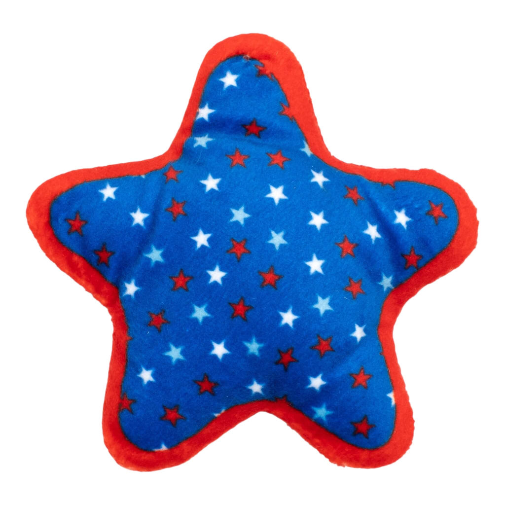 Star-shaped cat toy with red, white, and blue pattern on a white background