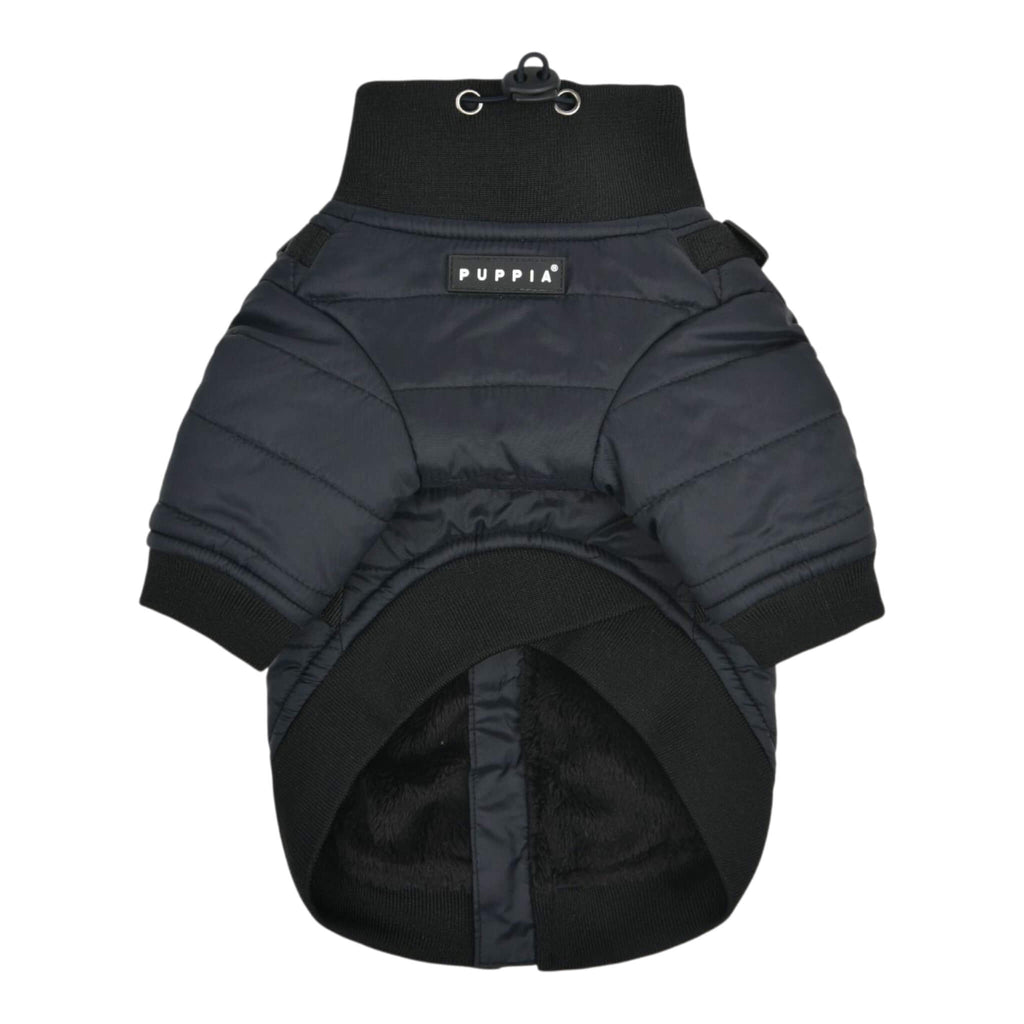 Black dog coat with 'Puppia' branding on a white background
