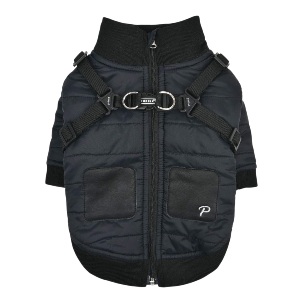 Black dog coat with harness on a white background