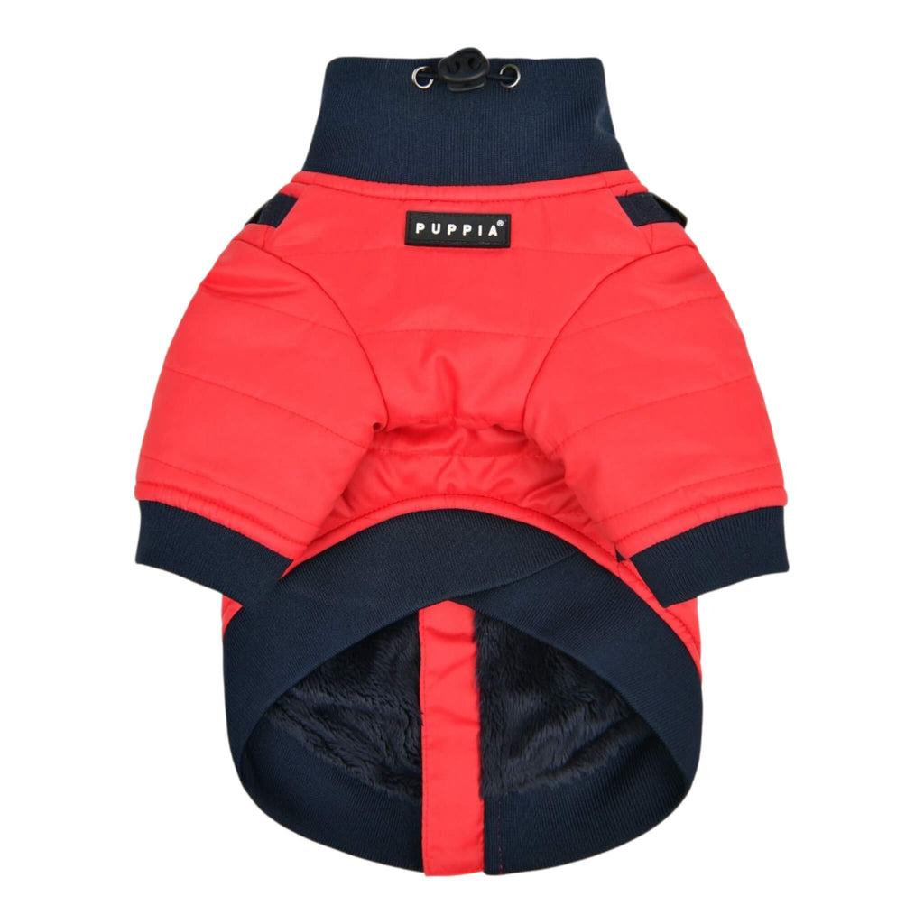 Red dog coat with 'Puppia' branding on a white background