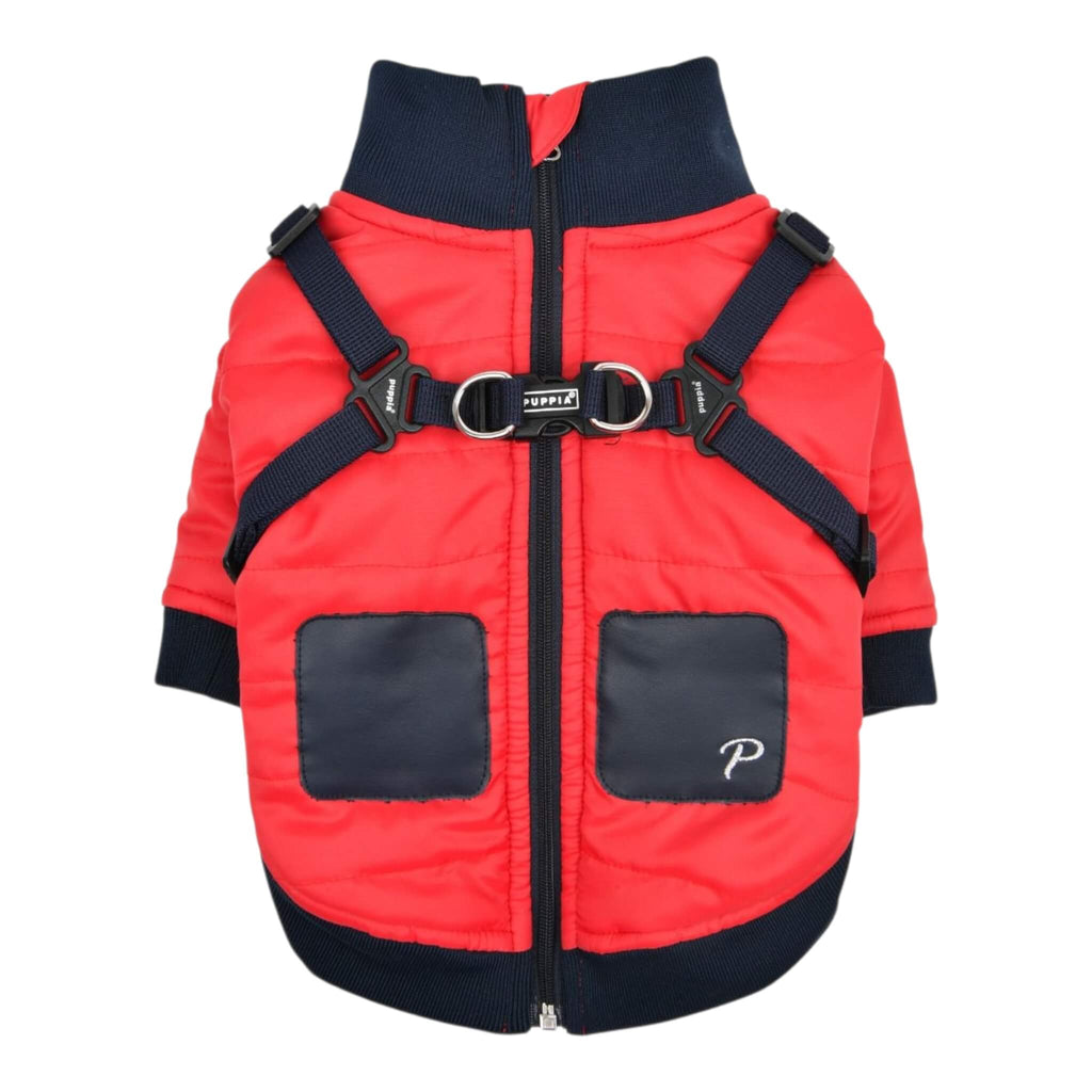 Red winter dog coat with harness on a white background