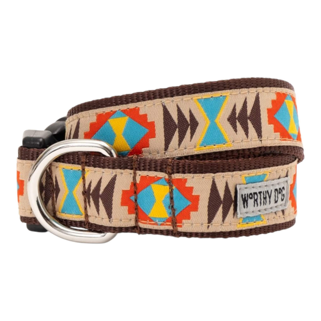 Dog collar with colorful Southwestern pattern on a white background
