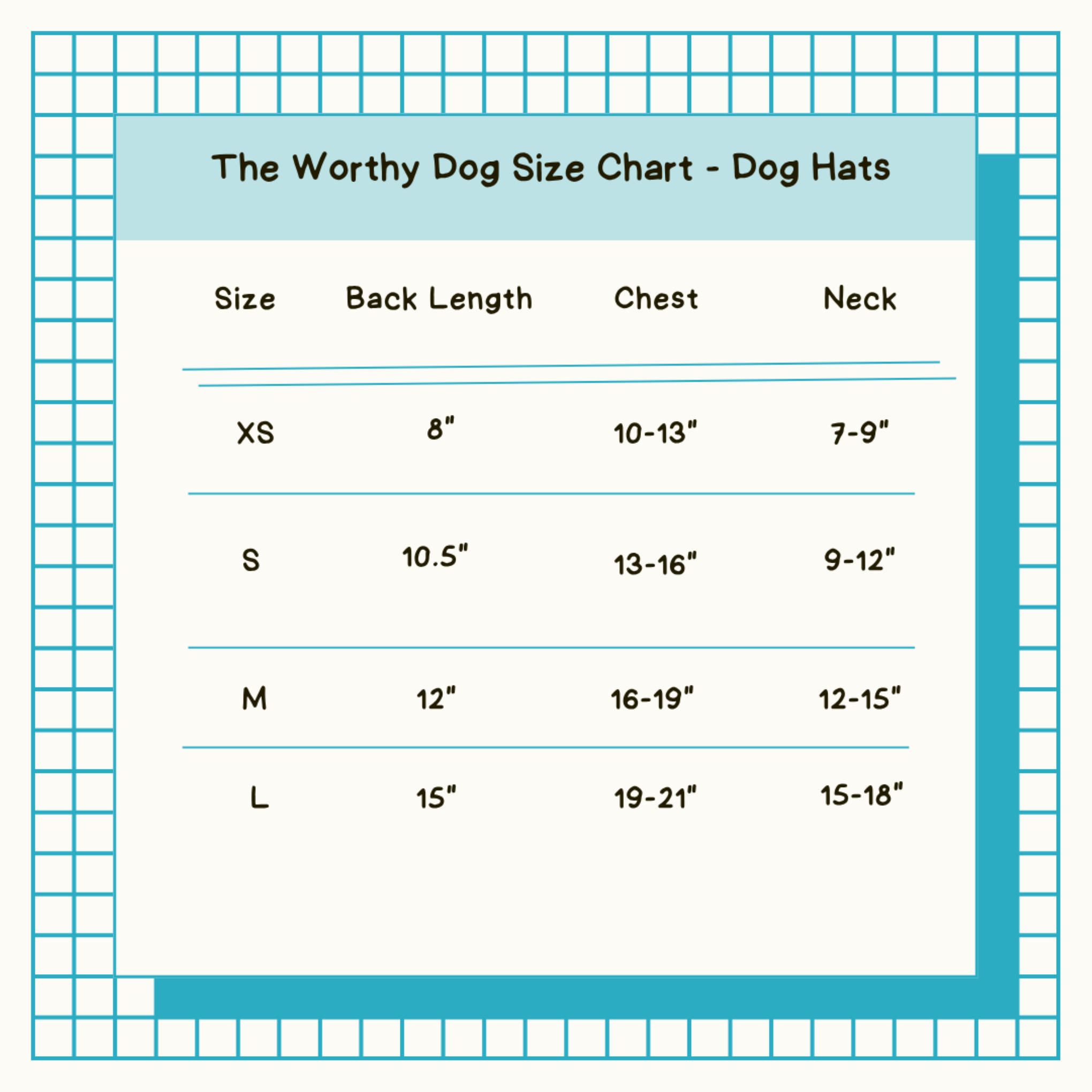 Dog hat size chart with measurements for back length, chest, and neck on a grid background.