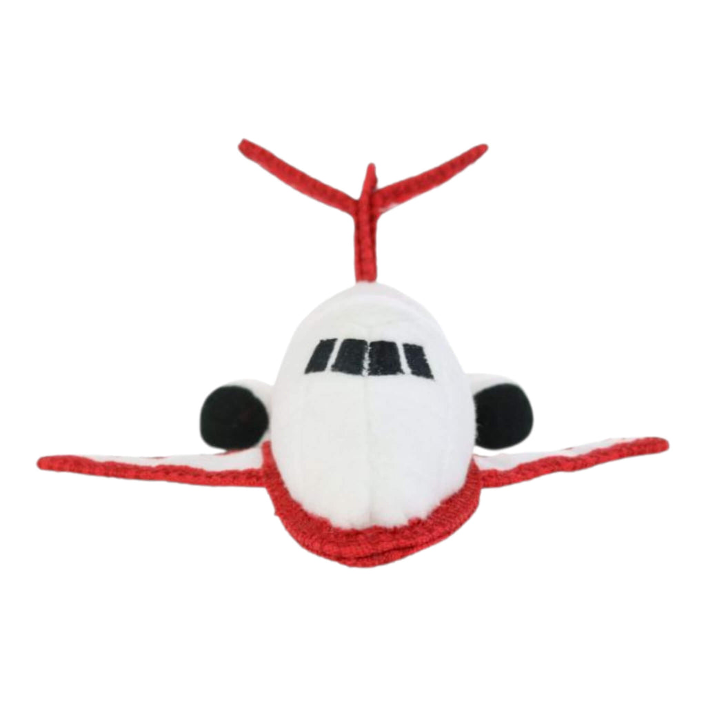 Tough plush airplane toy with red wings and white body on a white background