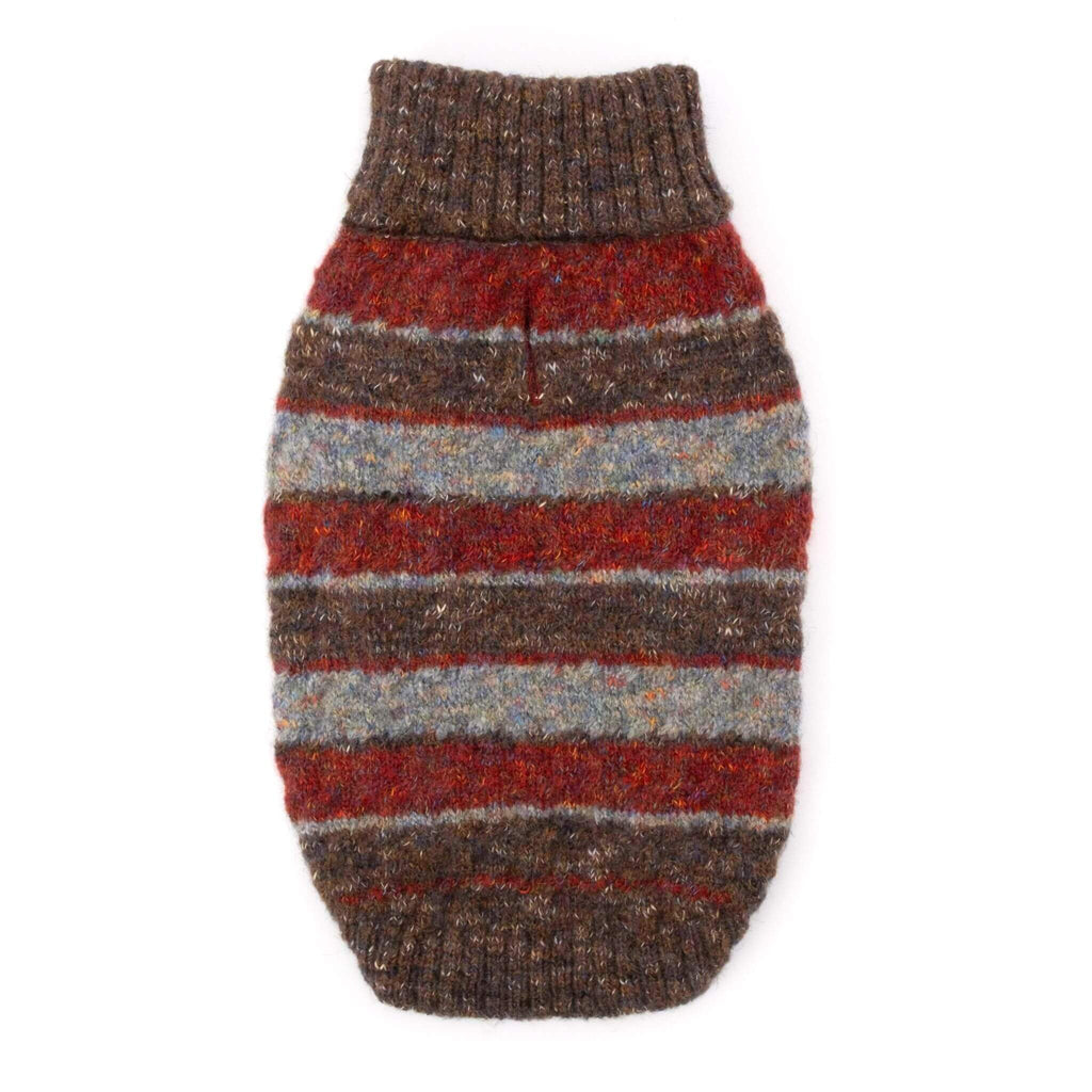 Striped dog sweater with brown, red, and gray pattern on a white background