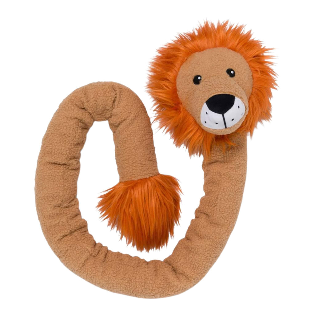 Plush lion dog toy with a curly tail on a white background