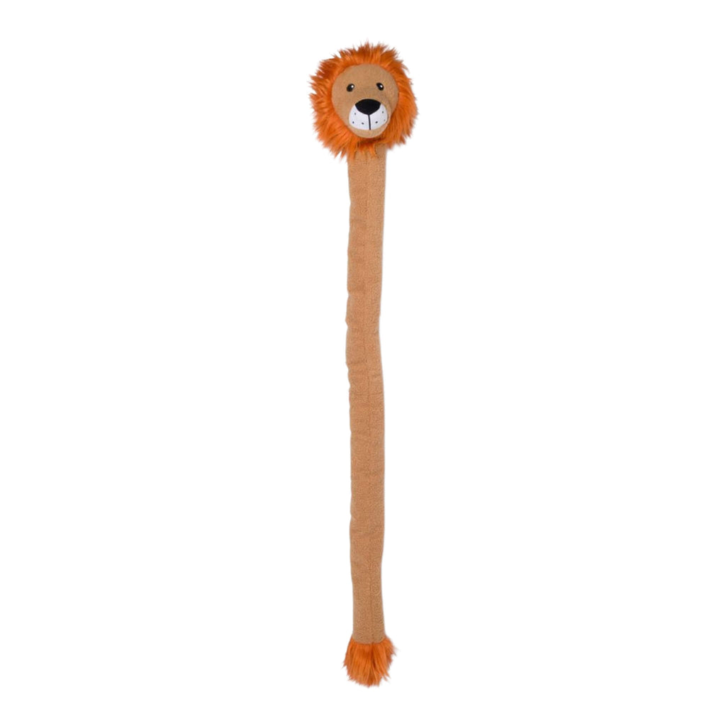 Plush lion dog toy with a long handle on a white background
