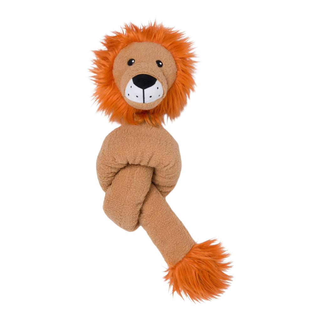 Plush lion dog toy with a knotted body on a white background