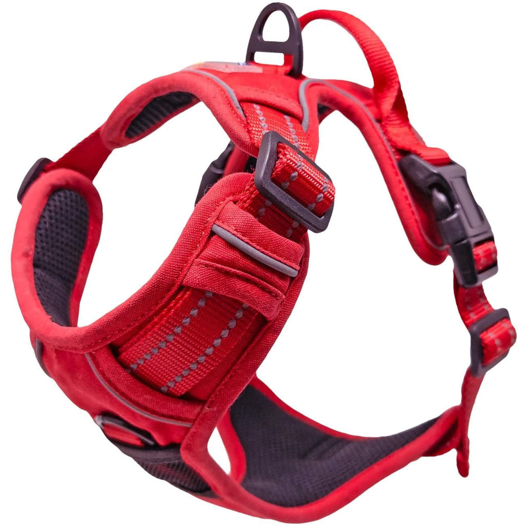 Red dog harness with black accents on a white background