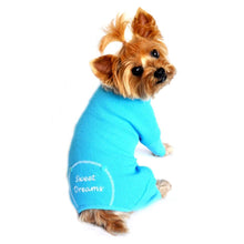 Cargar imagen en el visor de la galería, Yorkie models Sweet Dreams Embroidered Thermal Dog Pajamas in Blue
