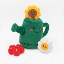 Load image into Gallery viewer, Zippy Burrow Watering Can Plush Dog Toy with three plush flowers
