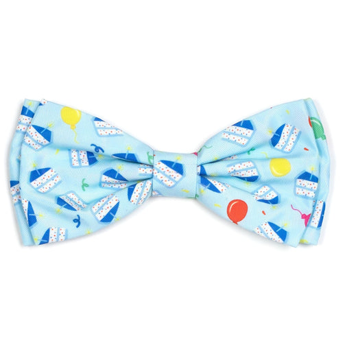 Birthday Boy Dog Bow Tie features fun cake and balloons