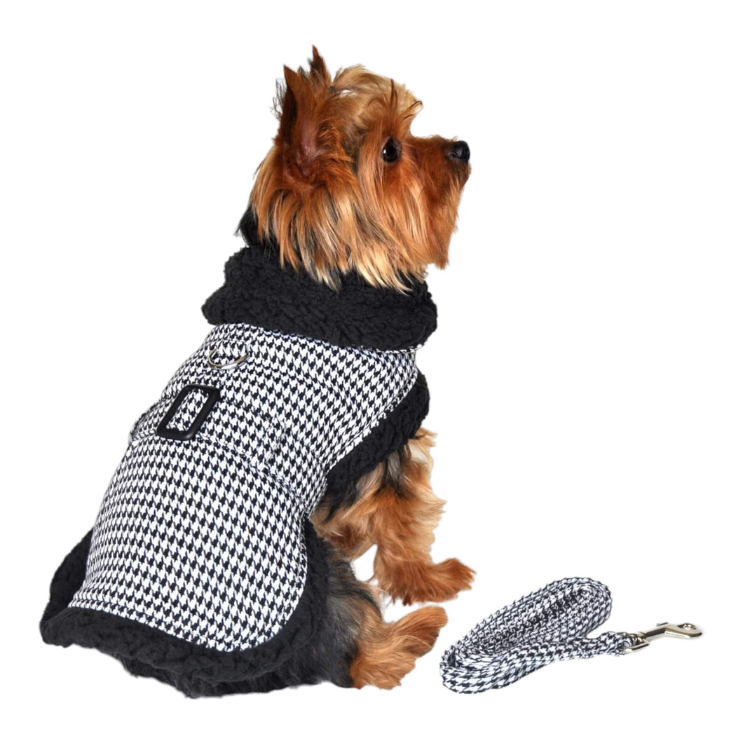 Black and White Classic Houndstooth Dog Harness Coat with Matching Leash