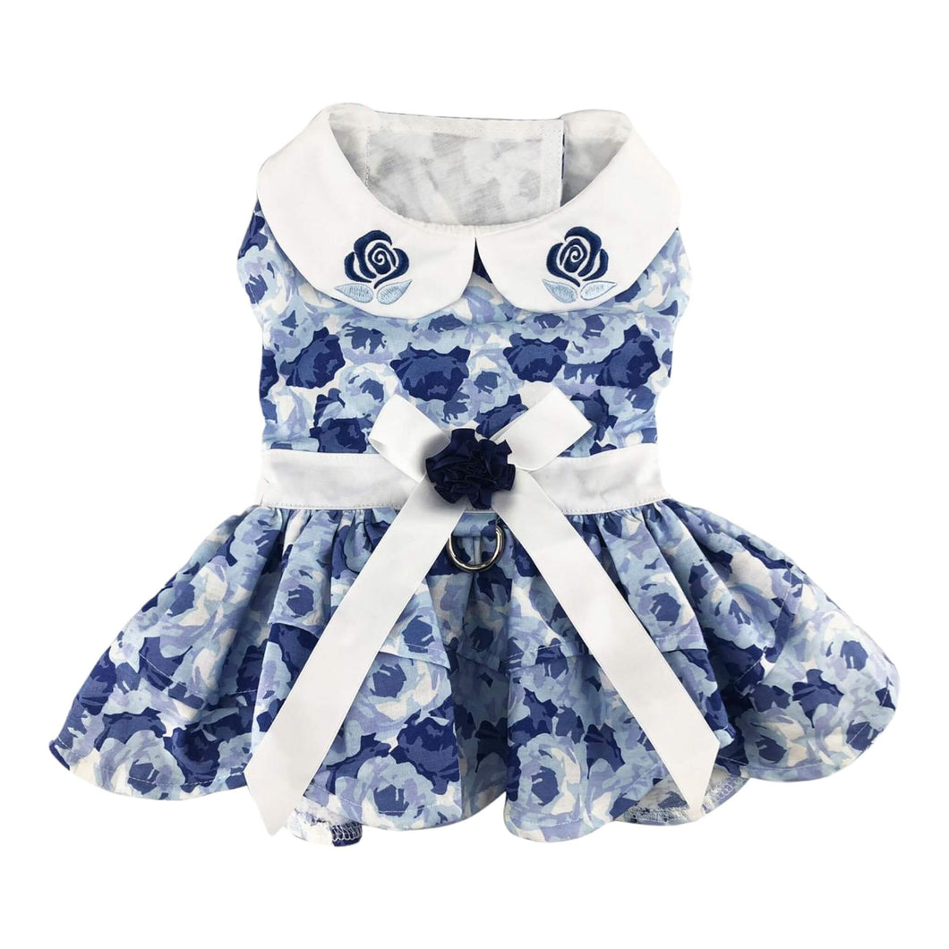 Blue Rose Harness Dress for Dogs with Matching Leash