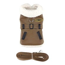 Cargar imagen en el visor de la galería, Brown and Black Faux Leather Bomber Dog Coat Harness with Leash
