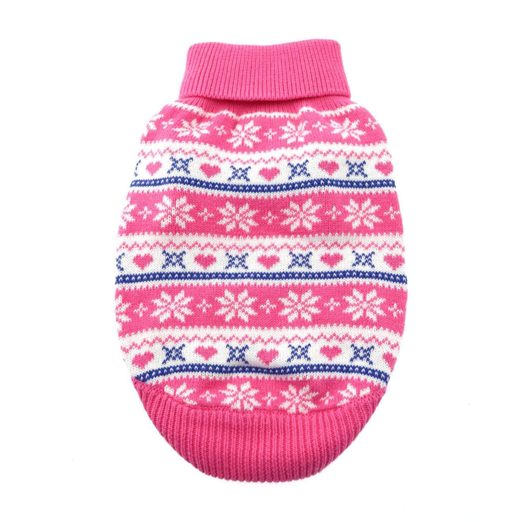 Combed Cotton Snowflakes and Hearts Dog Sweater in Pink