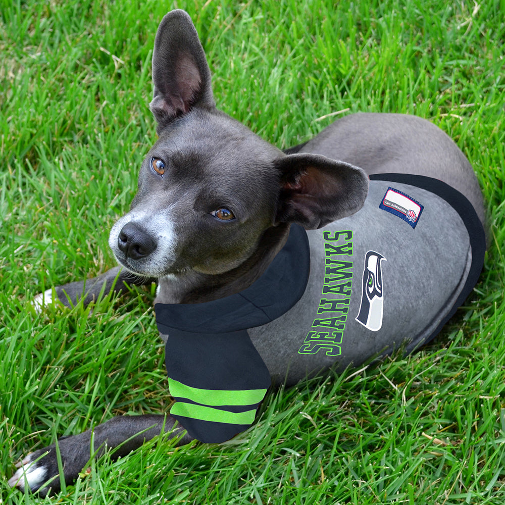 Dog is ready for some football in his Seattle Seahawks Hooded T-Shirt 