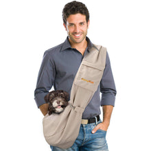 Load image into Gallery viewer, Dog snuggles in his Furry Fido Khaki Adjustable Pocket Pet Sling
