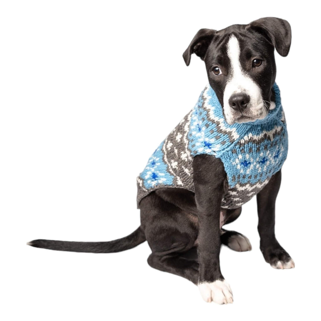 Dog Stays Warm and Cozy in Light Blue Fair Isle Dog Sweater