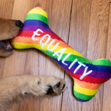 Load image into Gallery viewer, Dogs love the brightly-colored Equality Bone Tough Dog Toy
