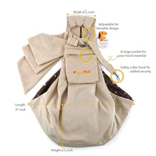 Load image into Gallery viewer, Features and dimensions of Furry Fido Khaki Adjustable Pocket Pet Sling
