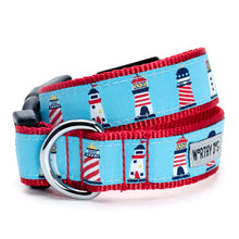 Load image into Gallery viewer, Light blue dog collar with whimsical little lighthouses

