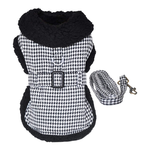 Luxurious Black and White Classic Houndstooth Dog Harness Coat with Matching Leash