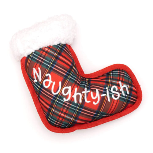 Naughty-ish Tartan Christmas Stocking Plush Dog Toy