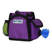 Cargar imagen en el visor de la galería, Pack-N-Go Bag in Purple with a ball compartment and poop bag dispenser for dogs
