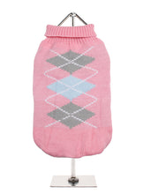 Load image into Gallery viewer, pink-and-grey-argyle-dog-sweater
