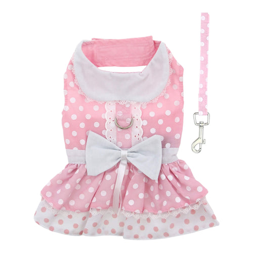 Pink Polka Dot Lace Designer Dog Harness Dress with Leash