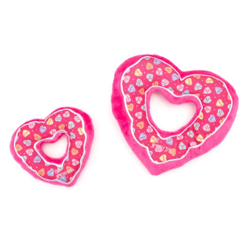 Puppy Love Heart Dog Toy comes in two sizes 